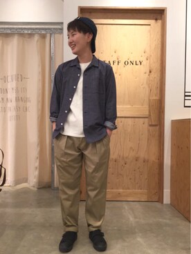 「coen（コーエン）の＜BAYSIDE＞ キャップ for coen（キャップ、ブルー系）」を使った、MAEDAさん（メンズ・162cm）の春コーディネート