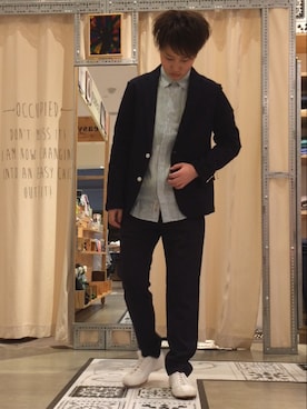 「coen（コーエン）のCOOLMAX(R)サーフジャケット2017SS（テーラードジャケット、ブルー系）」を使った、MAEDAさん（メンズ・162cm）の春コーディネート