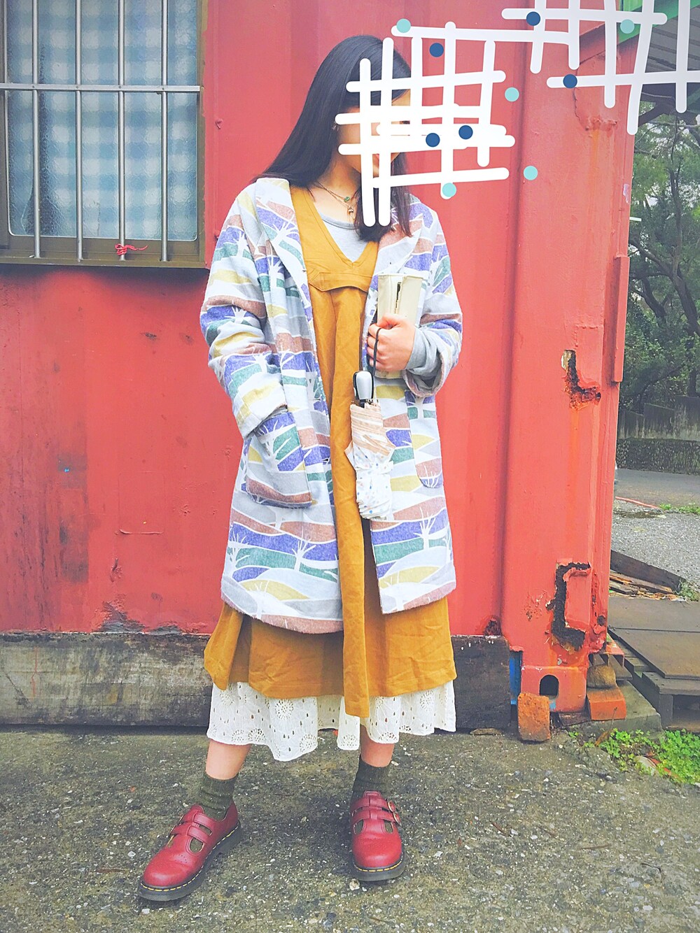 「dress、Taiwan、school、rainy、秋のコーデ、秋冬、雨の日コーデ、pattern」｜「LUEUFのアイテム（ジャケット/アウター、グリーン系）」を使った、Wong Yokettさん（レディース・158cm）の冬コーディネートの1枚目の写真
