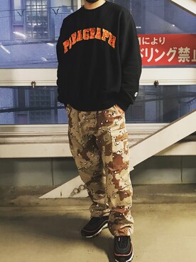 「Paragraph（パラグラフ）のアイテム（スウェット、ブラック系）」を使った、おかさん（メンズ・177cm）の春コーディネート