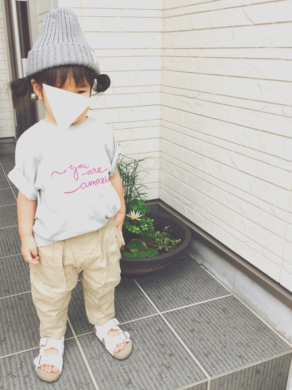 「kidsfashion、おんなのこ、シンプル、ラクチンコーデ、西松屋、Right-on、韓国子供服、ゆるコーデ、2歳3ヶ月」｜「西松屋のアイテム（ニットキャップ/ビーニー、グレー系）」を使った、FURU‿̑̈IKU   さん（キッズ・90cm）の夏コーディネートの1枚目の写真