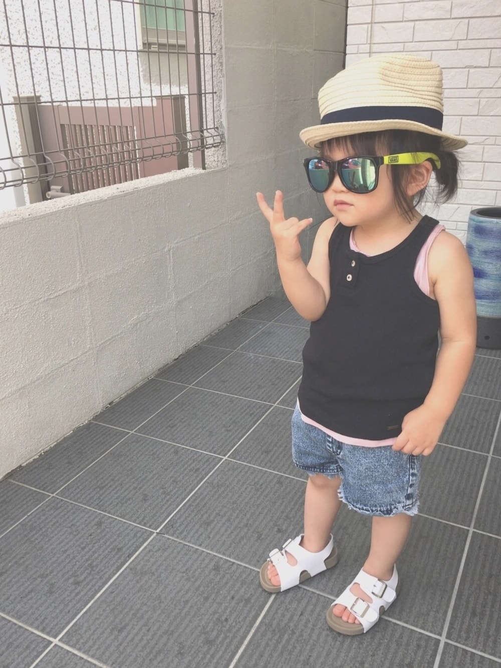 「キッズファッション、夏コーデ、チームバレーボール🏐、GAP、ZARA、韓国子供服、西松屋、サンダル、むぎわら帽子、ちびっこ夏合宿👙〜海の日編〜」｜「GAPのGap ストロー パナマハット（ハット、ベージュ系）」を使った、FURU‿̑̈IKU   さん（キッズ・90cm）の夏コーディネートの1枚目の写真