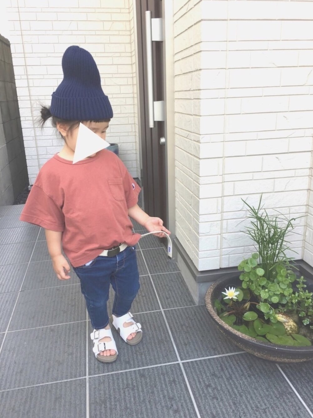 「キッズコーデ、シンプル、夏コーデ、スポーツサンダル、ビッグT、ciaopanicTYPY、Champion、ZARA、韓国子供服、2歳4ヶ月」｜「CIAOPANIC TYPYのリブニットキャップ（ニットキャップ/ビーニー、ブルー系）」を使った、FURU‿̑̈IKU   さん（キッズ・90cm）の夏コーディネートの1枚目の写真