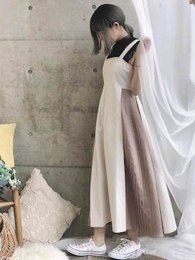 「アイテム（ジャンパースカート、ホワイト系）」を使った、ten⭐︎ichiko       さん（レディース・157cm）の春コーディネート