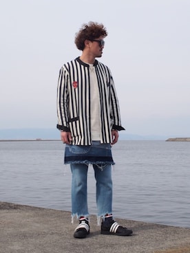 「masterkey（マスターキー）のアイテム（ノーカラージャケット）」を使った、イシバシトモヒロさん（メンズ・173cm）の冬コーディネート