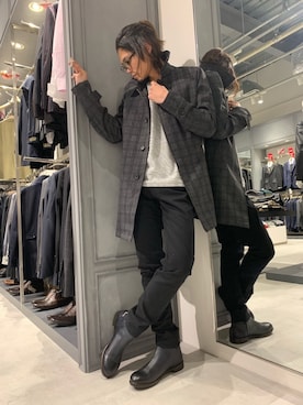 「ジャガード」｜「アイテム（ステンカラーコート）」を使った、Jinさん（メンズ・170cm）の春コーディネート