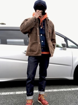 「アイテム（キャスケット、ブルー系）」を使った、眼鏡(本体)さん（メンズ・173cm）の冬コーディネート