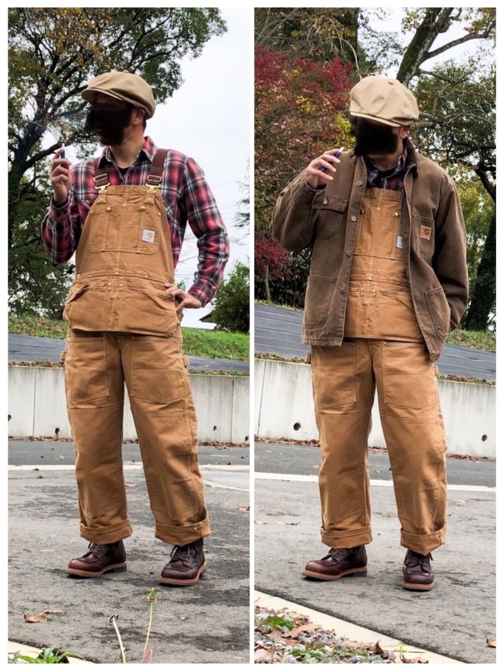 ブラウン系のブーツ、レッド系のシャツ/ブラウス、ブラウン系のカバーオールを着用したメンズの秋コーディネートの1枚目の写真