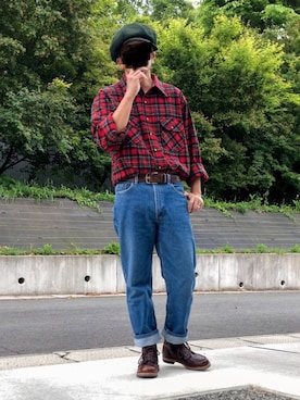「ウールシャツ」｜「アイテム（帽子）」を使った、眼鏡(本体)さん（メンズ・173cm）の春コーディネート