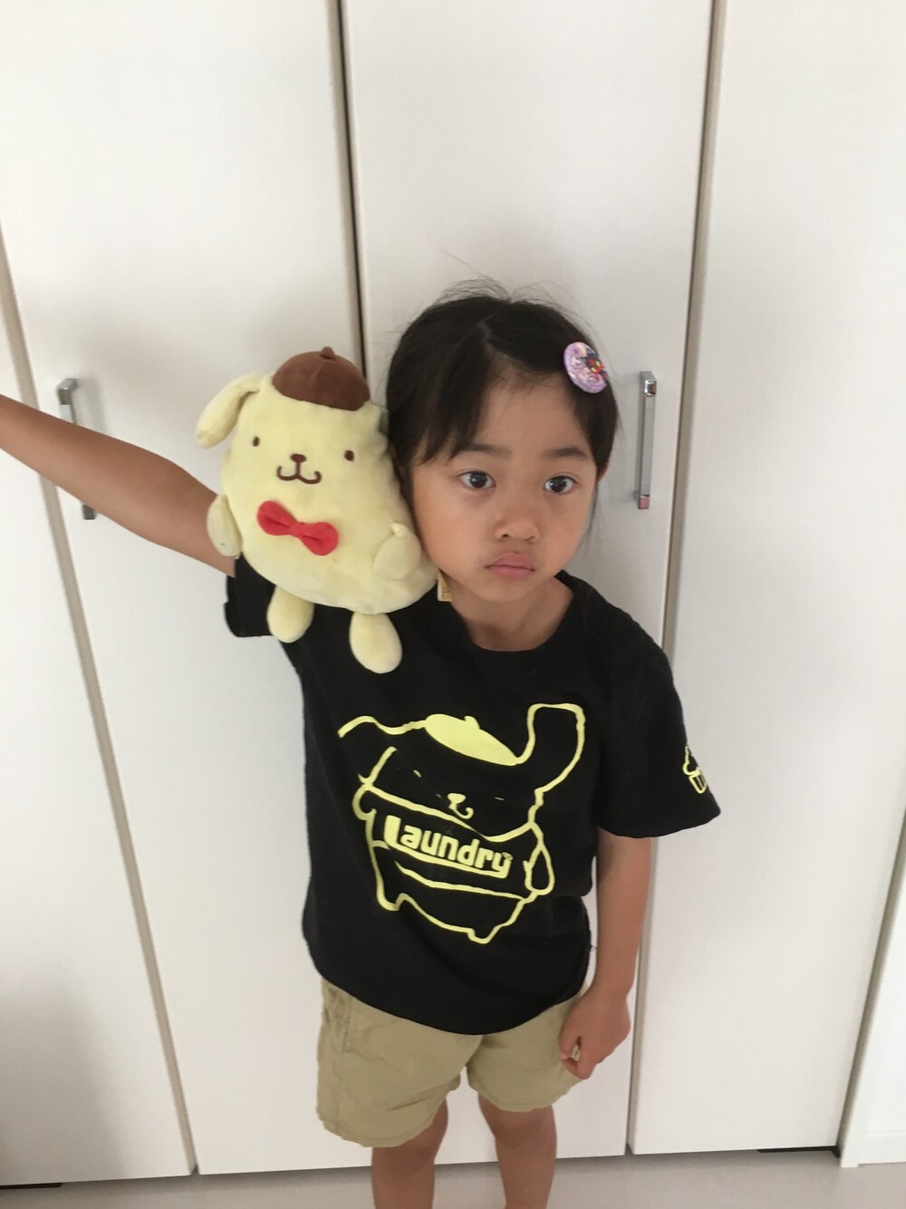 「キッズファッション、カジュアル、夏コーデ、おんなのこ、一年生、ポムポムプリンカフェ、着回しコーデ、ポムポムプリン、ランドリー、ブランシェス」｜「sanrioのアイテム（おもちゃ、イエロー系）」を使った、yuyu+a-chiさん（キッズ・110cm）の夏コーディネートの1枚目の写真