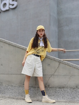 「OBEY（オベイ）のアイテム（キャップ）」を使った、CHIWENさん（レディース・167cm）の夏コーディネート