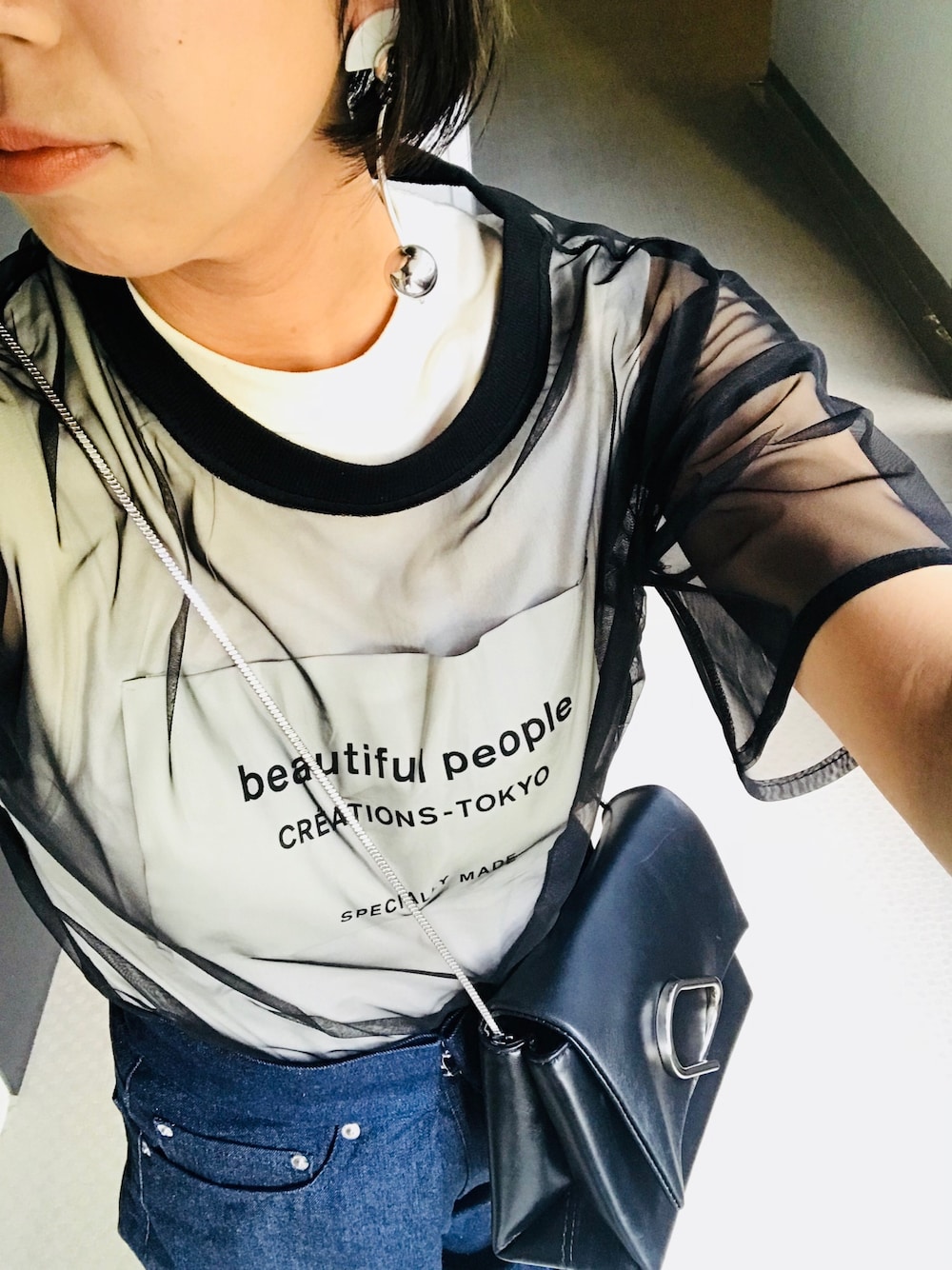 「シースルー、夏、ワイドパンツ、シンプルコーデ」｜「beautiful peopleのアイテム（タンクトップ、ホワイト系）」を使った、mu-さん（レディース・161cm）の夏コーディネートの1枚目の写真