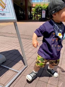 「mont-bell（モンベル）のアイテム（Tシャツ/カットソー、ブルー系）」を使った、ひーさん（キッズ・90cm）の春コーディネート