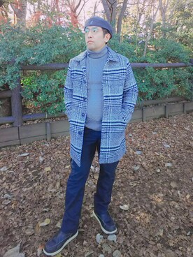 「グレンチェック」｜「アイテム（ハンチング/ベレー帽）」を使った、かっぱAD©さん（メンズ・177cm）の冬コーディネート