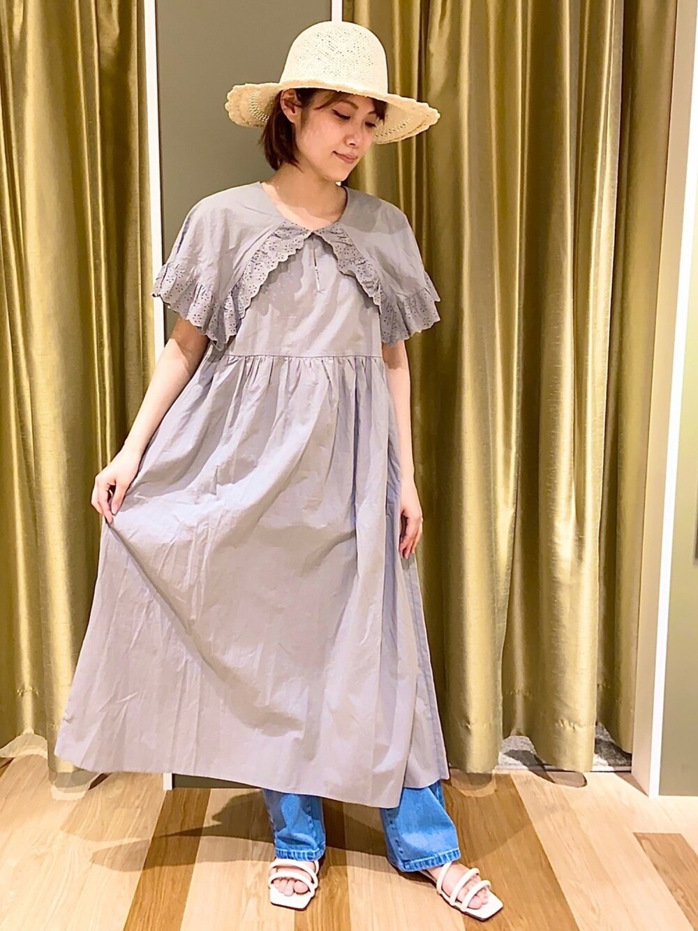 「大人カジュアル、カジュアルコーデ、今日のコーデ、お洒落さんとつながりたい、ロングワンピース、ガーリー、ショートヘア、ラクチンコーデ、大人ガーリー、Green Parks」｜「Sugar spoonの・SUGAR SPOON ビッグカラーワンピース＊（ワンピース、グリーン系）」を使った、mocho❤︎❤︎さん（レディース・156cm）の春コーディネートの1枚目の写真