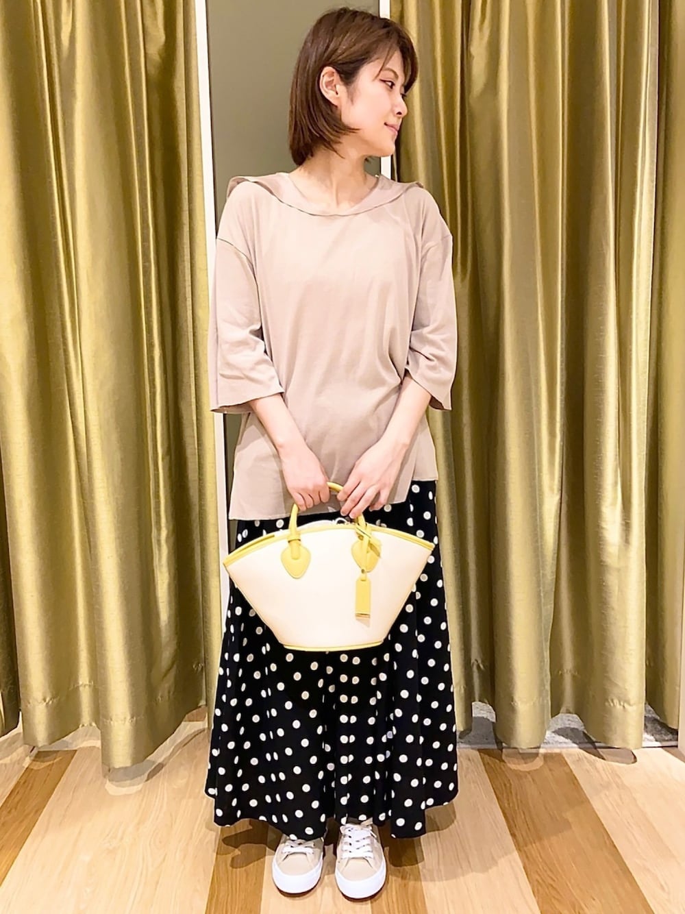「オトナ女子、休日スタイル、オトナカジュアル、夏コーデ、デート、オトナカワイイ、プチプラ、カジュアル、スニーカー、Green Parks」｜「Green　Parksの異素材セーラーカラープルオーバー＊（Tシャツ/カットソー、ベージュ系）」を使った、mocho❤︎❤︎さん（レディース・156cm）の春コーディネートの1枚目の写真
