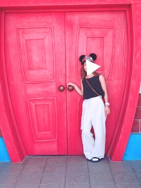 「LOWRYS FARM（ローリーズファーム）のハイウエスト/ベルトツキワイドパンツ　761094 （その他パンツ、ベージュ系）」を使った、yu-tan☻さん（レディース・154cm）の夏コーディネート