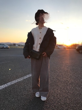 「LOWRYS FARM（ローリーズファーム）のコーデュロイワイドパンツ　764691 （その他パンツ、グレー系）」を使った、yu-tan☻さん（レディース・154cm）の冬コーディネート