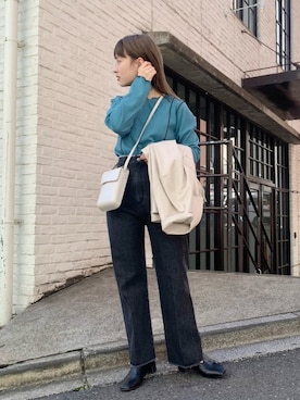 「サックスブルー」｜「アイテム（ブルゾン）」を使った、えぐっちょさん（レディース・157cm）の春コーディネート