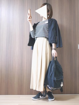 「ワッペン」｜「アイテム（ノーカラージャケット）」を使った、Milky*さん（レディース・160cm）の春コーディネート