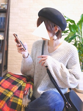 「チェックマフラー」｜「アイテム（ハンチング/ベレー帽）」を使った、Milky*さん（レディース・160cm）の冬コーディネート