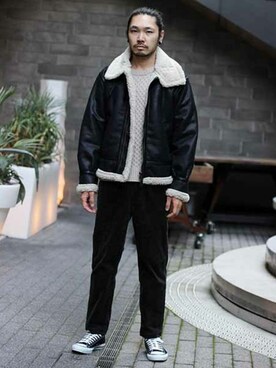 「ケーブルニット」｜「アイテム（ブルゾン）」を使った、KAZUさんさん（メンズ・179cm）の秋コーディネート