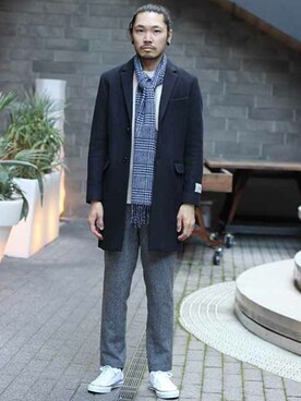 「JOURNAL STANDARD（ジャーナルスタンダード）のアイテム（チェスターコート）」を使った、KAZUさんさん（メンズ・179cm）の秋コーディネート