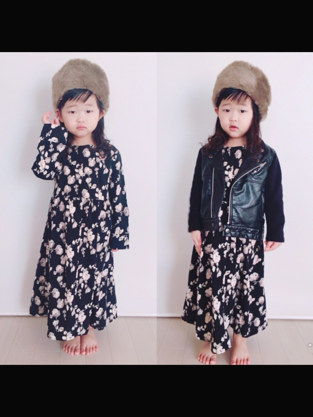 「モノトーン、ootd、娘コーデ、キッズコーデ、花柄、花柄ワンピース、ガウン、ライダース、ロシアン帽、3歳」｜「Right-onのアイテム（ワンピース、ブラック系）」を使った、こまちときすけさん（キッズ・100cm）の冬コーディネートの1枚目の写真