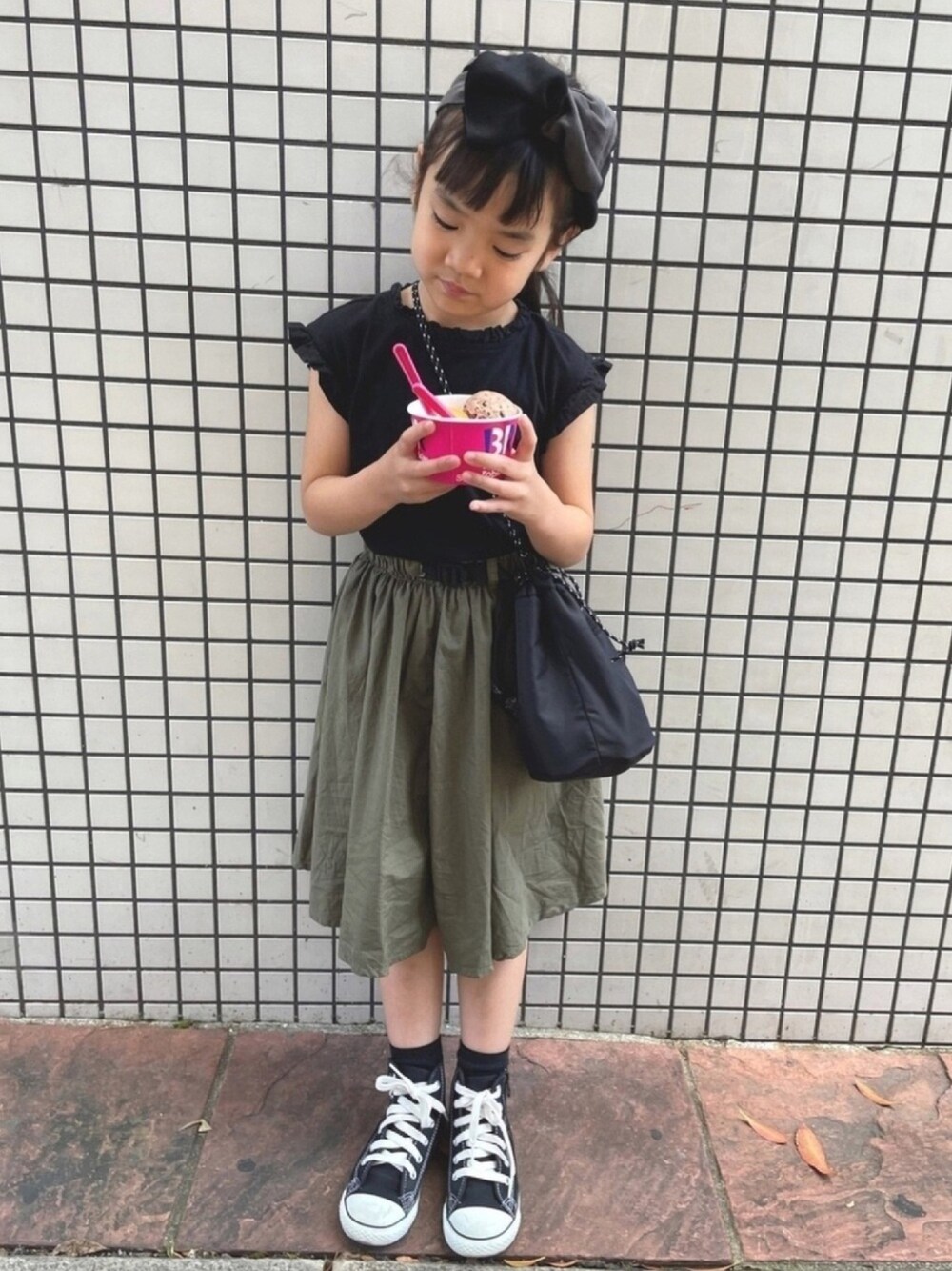 「キッズコーデ、キッズファッション、カジュアルコーデ、シンプル、休日コーデ、女の子、スカート」｜「F.O.KIDSのボリュームスカート（スカート、グリーン系）」を使った、nikoさん（キッズ・110cm）の春コーディネートの1枚目の写真