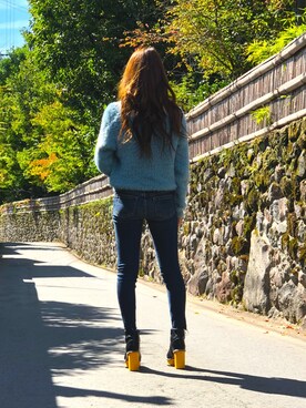 「AZUL by moussy（アズールバイマウジー）のシャギー2WAYニットプルオーバー（ニット/セーター、ブルー系）」を使った、chan7さん（レディース・157cm）の冬コーディネート