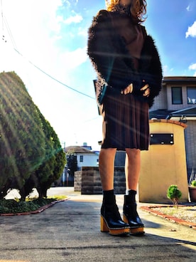 「MOUSSY（マウジー）のWOOD SOLE BOOTS（ブーツ、ブラック系）」を使った、chan7さん（レディース・157cm）の冬コーディネート