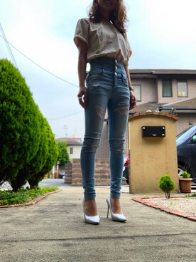 「EMODA（エモダ）のアシンメトリークラッシュハイウエストパギンス（デニムパンツ、ブルー系）」を使った、chan7さん（レディース・157cm）の冬コーディネート