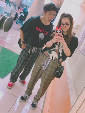 「古着のアイテム（Tシャツ/カットソー、ブラック系）」を使った、puuさん（レディース・156cm）の夏コーディネート