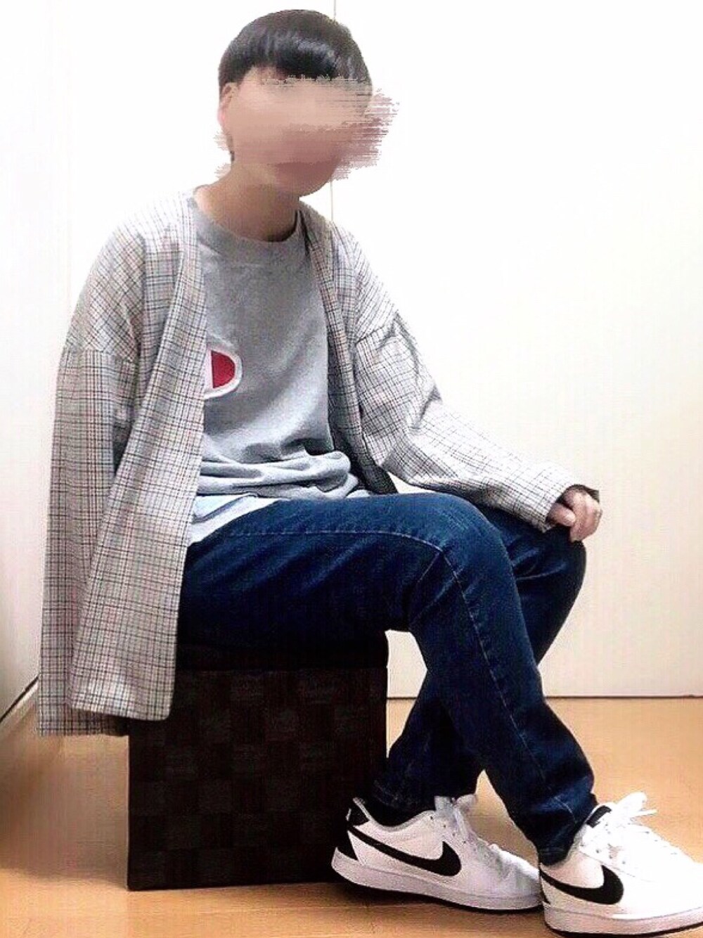 「ノーカラージャケット、ガンクラブチェック、プチプラ、ジェンダーレス、ジェンダーレス部、ゆるコーデ、Tシャツ×ジャケット」｜「SEVENDAYS=SUNDAYのガンクラブチェックノーカラージャケット（ミリタリージャケット、ベージュ系）」を使った、おかぴさん（メンズ・155cm）の秋コーディネートの1枚目の写真