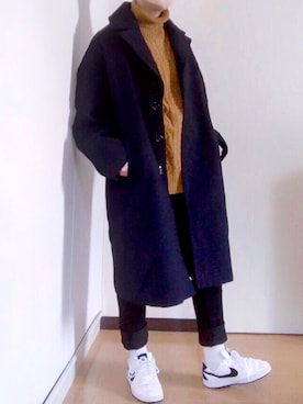 「マスタード」｜「アイテム（チェスターコート）」を使った、おかぴさん（メンズ・153cm）の秋コーディネート