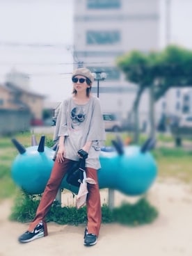 「スリットパンツ」｜「アイテム（ハンチング/ベレー帽）」を使った、✯asaさん（レディース・156cm）の春コーディネート