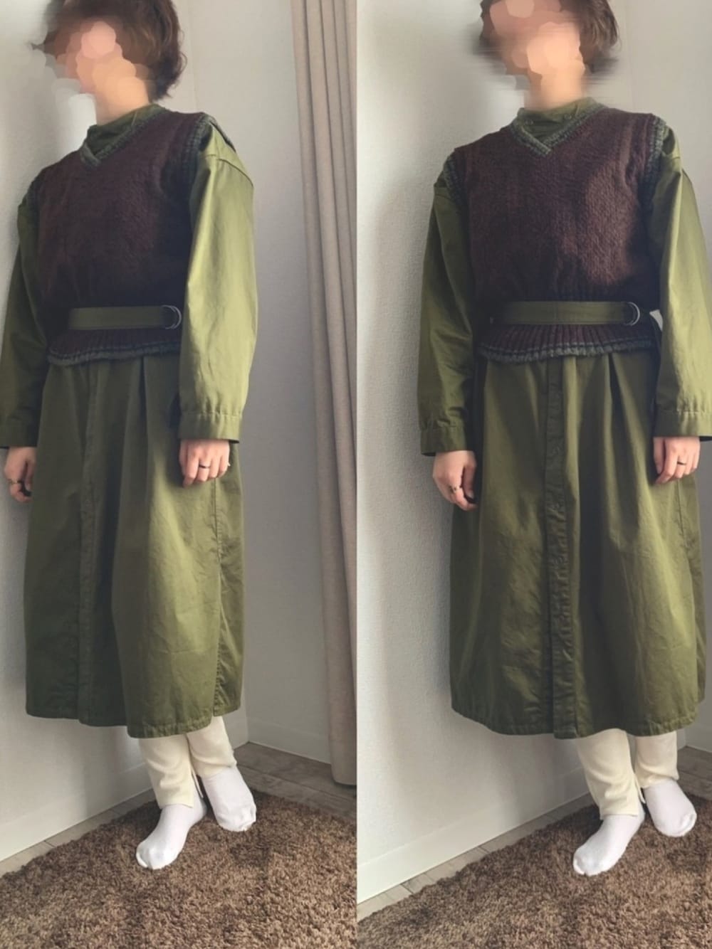 グリーン系のシャツワンピース、ブラウン系のベスト、ホワイト系のレギンス/スパッツを着用したレディースの春コーディネートの1枚目の写真