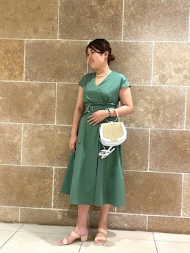 「NANO universe（ナノユニバース）のnanoco/フレンチスリーブカシュクールワンピース（ワンピース、グリーン系）」を使った、nano・universe セレオ八王子 Womensさん（レディース・160cm）の夏コーディネート