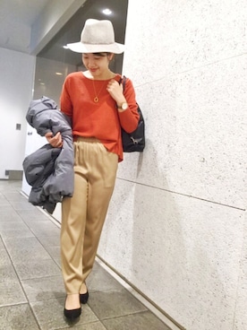 「ハットコーデ」｜「アイテム（ダウンジャケット/コート）」を使った、まつお(⍢)さん（レディース・158cm）の冬コーディネート