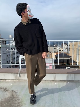 「GU（ジーユー）のアイテム（ニット/セーター、ブラック系）」を使った、shunさん（メンズ・178cm）の秋コーディネート