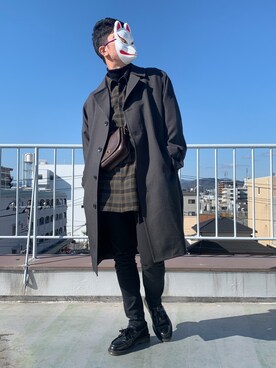 「GU（ジーユー）のアイテム（チェスターコート、グレー系）」を使った、shunさん（メンズ・178cm）の冬コーディネート