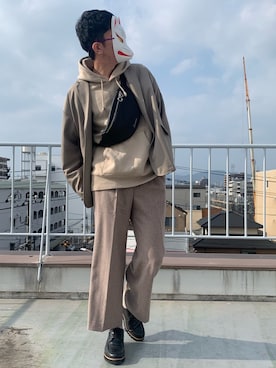 「HARE（ハレ）のウールワイドパンツ(HARE)（その他パンツ）」を使った、shunさん（メンズ・180cm）の冬コーディネート