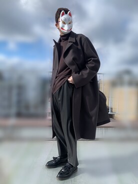 「LIDNM（リドム）のSUPER140S OFFICER COAT（チェスターコート、ブラック系）」を使った、shunさん（メンズ・178cm）の冬コーディネート