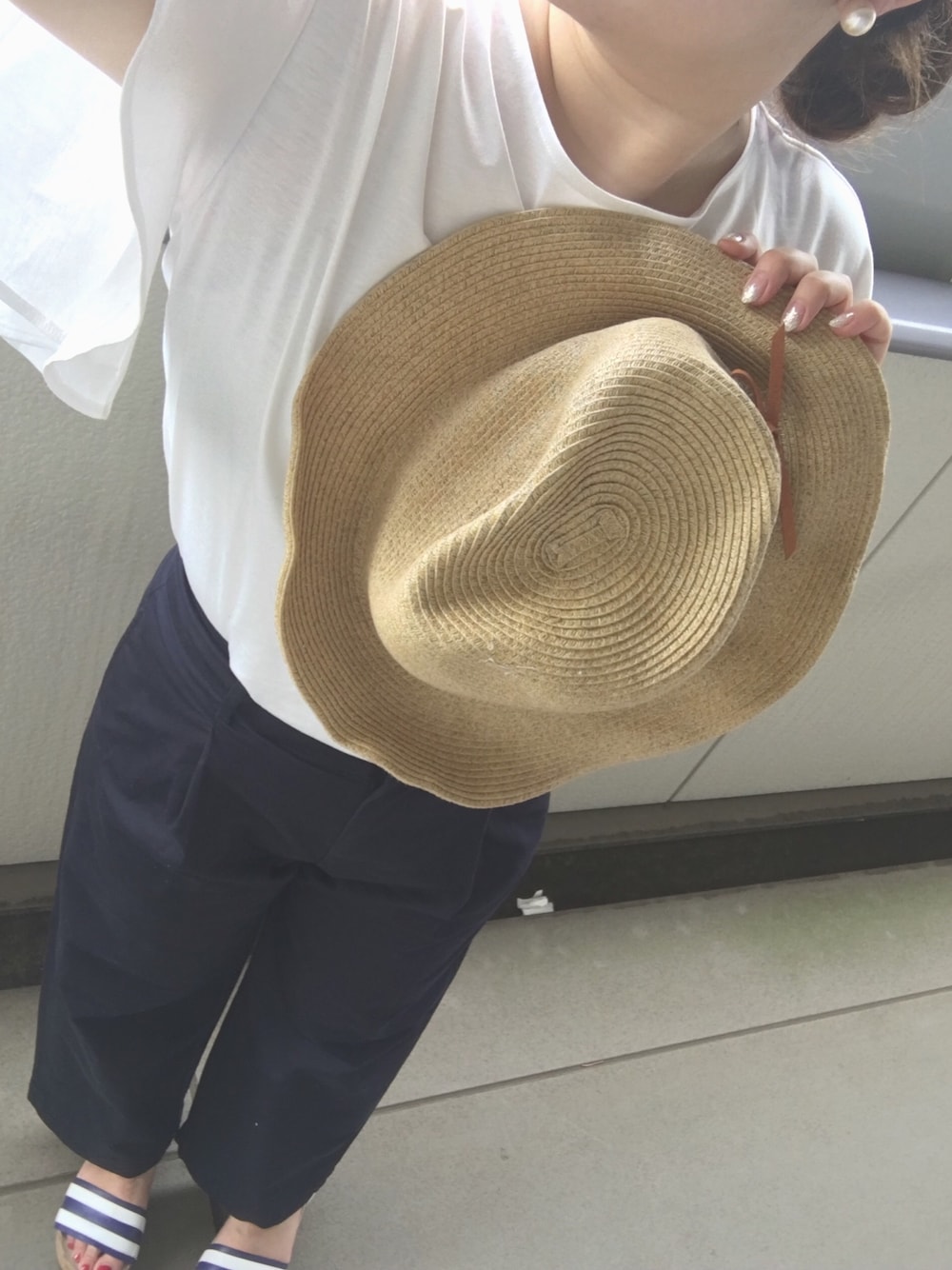 「ユニクロ」｜「Another Editionのブレードレースアップハット/AEBFC BRAID LaceUP HAT（ハット、ベージュ系）」を使った、yさん（レディース・163cm）の夏コーディネートの1枚目の写真