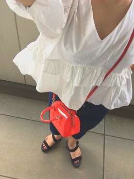 「アイテム（ボストンバッグ、レッド系）」を使った、yさん（レディース・163cm）の夏コーディネート