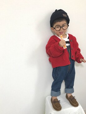「ケーブルニット」｜「アイテム（サロペット/オーバーオール）」を使った、RUI＊SANAさん（キッズ・90cm）の秋コーディネート