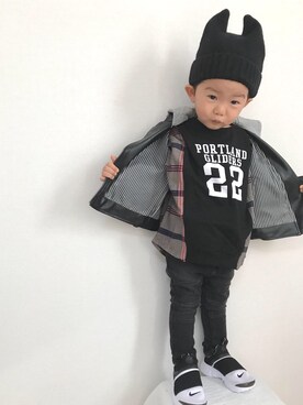 「しまむら（シマムラ）のアイテム（ライダースジャケット）」を使った、RUI＊SANAさん（キッズ・90cm）の秋コーディネート
