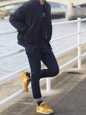 「アイテム（MA-1、ブルー系）」を使った、しんごさん（メンズ・175cm）の秋コーディネート