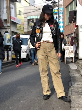 「アメカジ」｜「アイテム（ライダースジャケット）」を使った、Natsuki.Cさん（レディース・165cm）の冬コーディネート