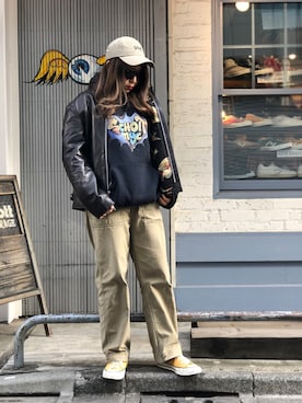 「アメカジ」｜「アイテム（ライダースジャケット）」を使った、Natsuki.Cさん（レディース・165cm）の冬コーディネート